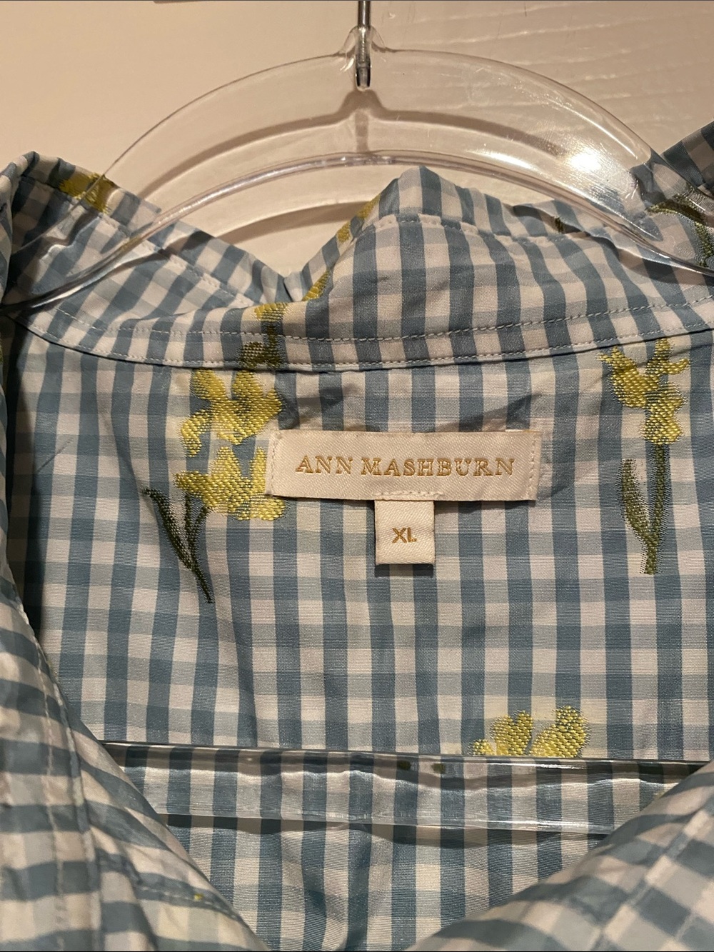 Ann Mashburn Blue Gingham Floral Popover Shirt Dress. - Picture 4 of 5